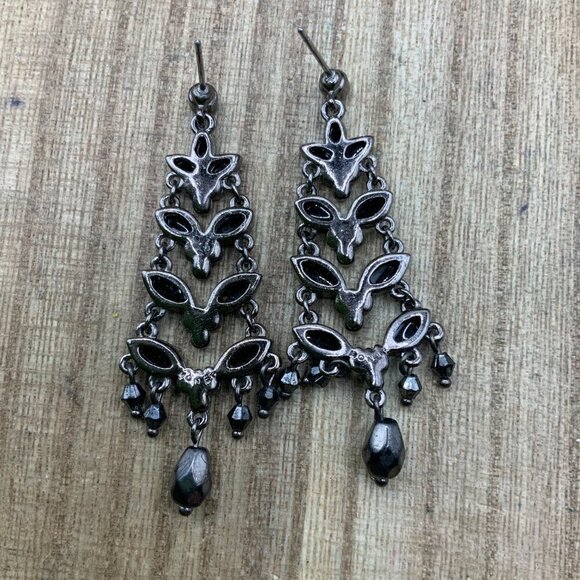 Monet Black Rhinestone Silver Tone Chandelier Beaded Stud Earrings - Picture 5 of 8